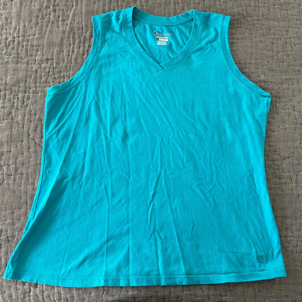 Champion Aqua Blue V Neck Tank Top Size Large Basic Workout Activewear